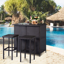 Load image into Gallery viewer, 3 pcs Patio Outdoor Rattan Wicker Bar Table and 2 Stools

