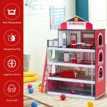 Load image into Gallery viewer, Wooden Fire Station Dollhouse Playset with Truck and Helicopter
