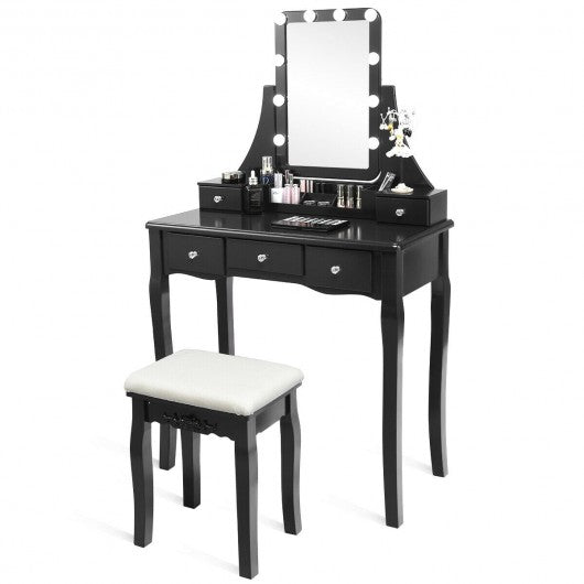 Dimmable Bulbs Touch Switch Vanity Dressing Table Set with Removable Box-Black