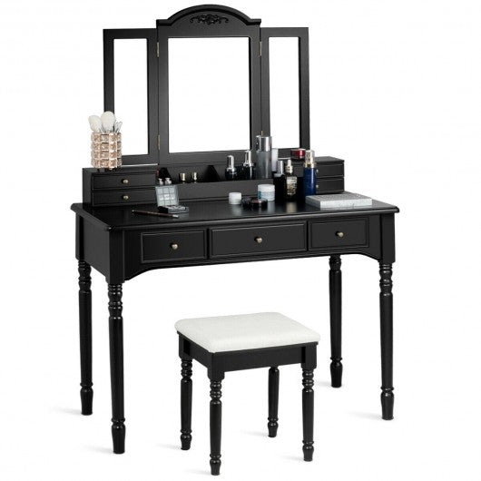 Makeup Dressing Table with Tri-Folding Mirror and Cushioned Stool for Women