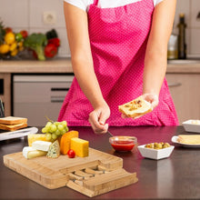 Load image into Gallery viewer, Bamboo Cheese Board &amp; Knife Set  w/ Slide-out Drawer
