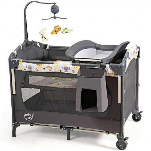 3-in-1 Convertible Portable Baby Playard with Music Box  Wheel and Brakes-Gray