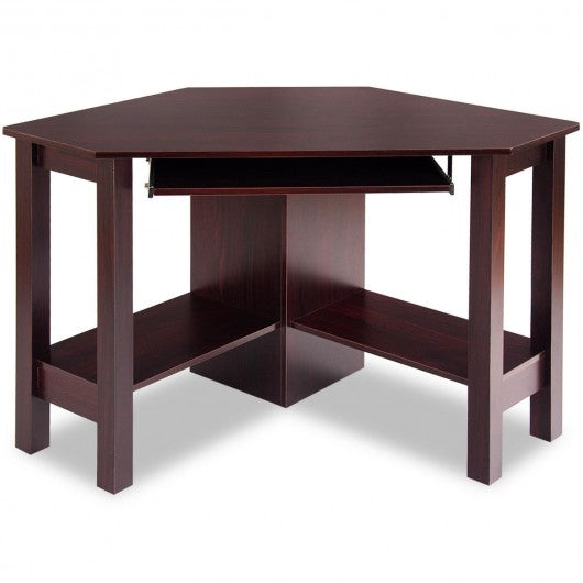 Wooden Study Computer Corner Desk with Drawer-Coffee