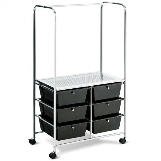6 Drawer Rolling Storage Cart with Hanging Bar -Black