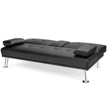 Load image into Gallery viewer, Convertible Folding Leather Futon Sofa with Cup Holders and Armrests-Black
