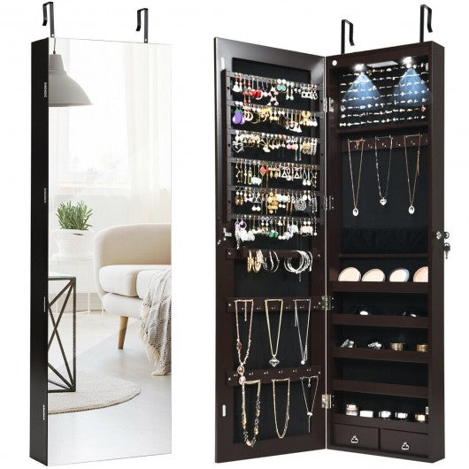 Wall and Door Mounted Mirrored Jewelry Cabinet with Lights-Brown