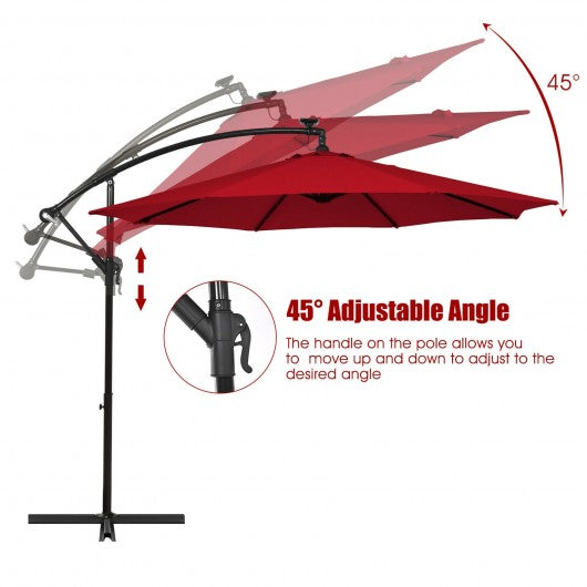 10 Ft Solar LED Offset Umbrella with 40 Lights and Cross Base for Patio-Wine