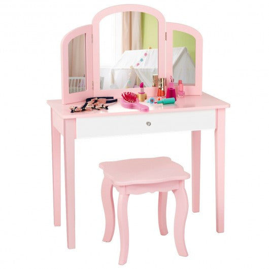 Kids Princess Make Up Dressing Table with Tri-folding Mirror & Chair-Pink