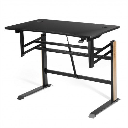 Pneumatic Height Adjustable Gaming Desk T Shaped Game Station w/Power Strip Tray