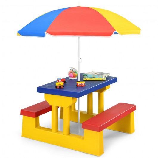 Kids Picnic Folding Table and Bench with Umbrella-Yellow