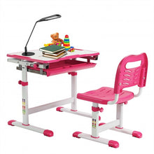 Load image into Gallery viewer, Kids Height Adjustable Desk and Chair Set with Tilted Tabletop and Drawer-Pink
