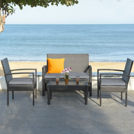 4 pcs Patio Rattan Furniture Set Cushioned Loveseat Armrest Garden-Gray