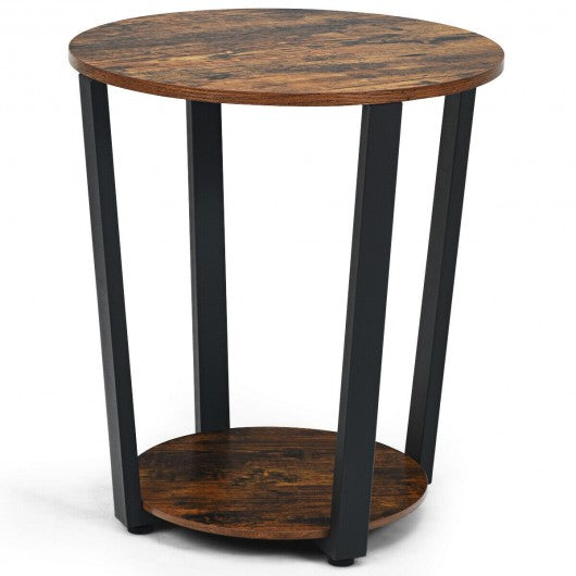 2-tier Round End Table with Storage Shelf & Metal Frame-Brown