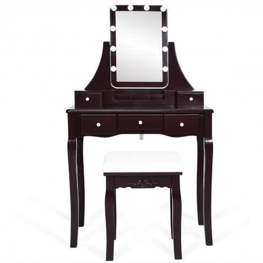 Dimmable Bulbs Touch Switch Vanity Dressing Table Set with Removable Box-Coffee