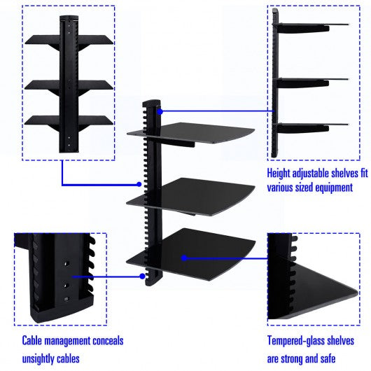 3 Tier Dual Glass Shelf Wall Mount Bracket Under TV Component Cable DVR/DVD
