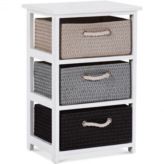 Wooden Storage End Nightstand  with Weaving Baskets-3-Tier