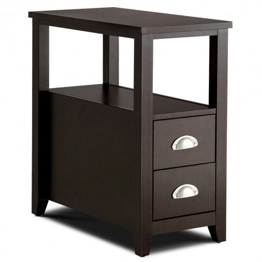 Set of 2 End Table Wooden with 2 Drawer & Shelf Bedside Table-Espresso