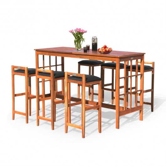 7-Piece Patio Bar Set Outdoor Dining Table Stool Wood Furniture