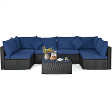 Load image into Gallery viewer, 7-Piece Outdoor Wicker Patio Sofa Set with 2 Pillows and Cushions-Navy
