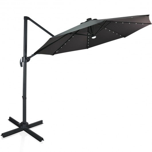 10 Ft Patio Offset Cantilever Umbrella with Solar Lights-Gray