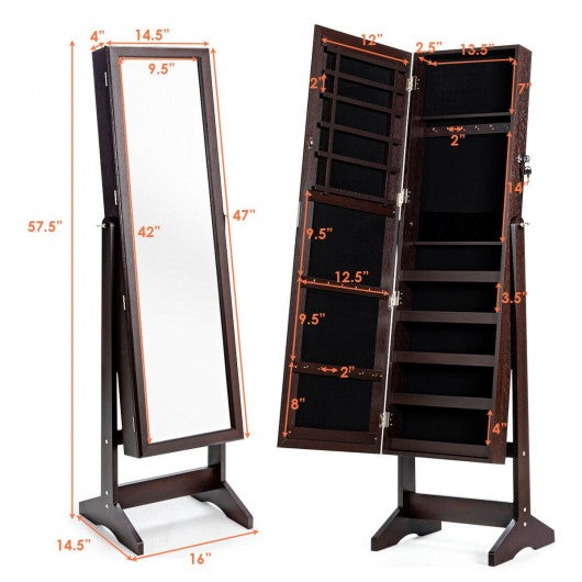 Jewelry Cabinet Stand Mirror Armoire with Large Storage Box-Brown