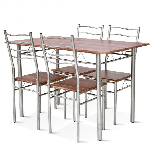 5 pcs Wood Metal Dining Table Set with 4 Chairs-Walnut