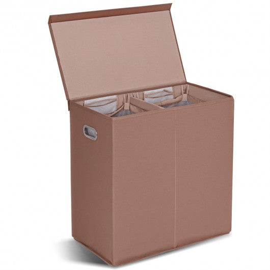 Double Laundry Hamper Storage Collapsible Basket Cothes Organizer-Brown