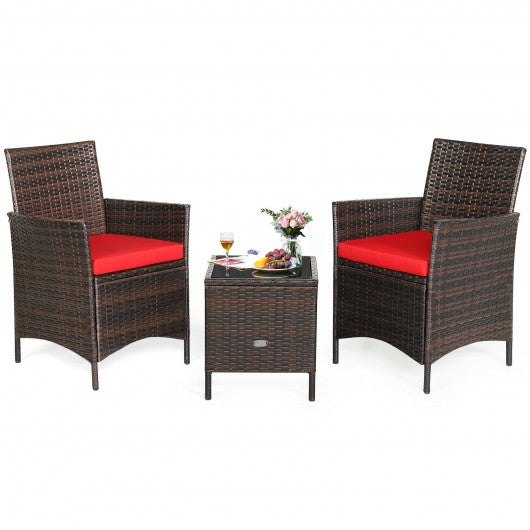 3Pcs Patio Rattan Furniture Set Cushioned Sofa and Glass Tabletop Deck-Red