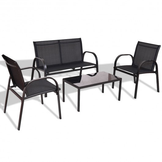 4 pcs Patio Furniture Set with Glass Top Coffee Table-Black