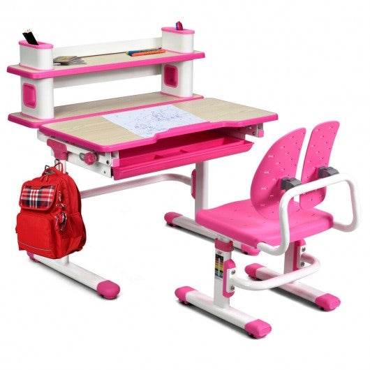 Height Adjustable Kids Desk and Chair Set-Pink