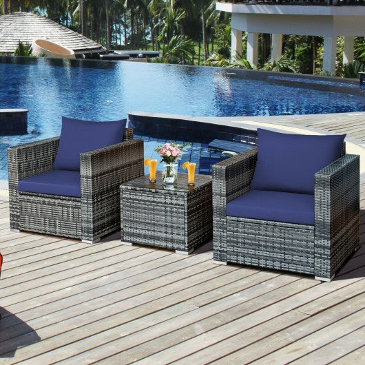 3 Pcs Patio Rattan Furniture Bistro Sofa Set with Cushioned-Navy