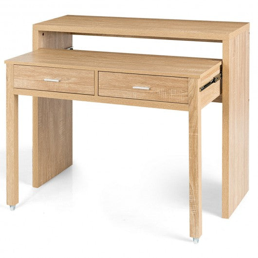 Extendable Computer Desk with Pull Out Secondary Desk-Natural