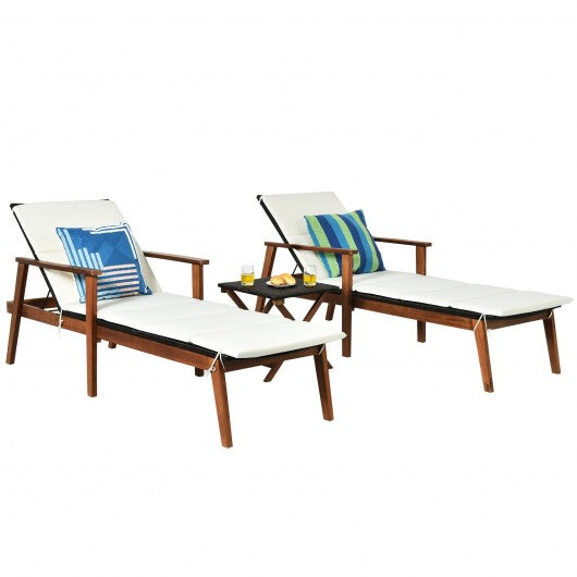 3Pcs Protable Patio Cushioned Rattan Lounge Chair Set with Folding Table-White