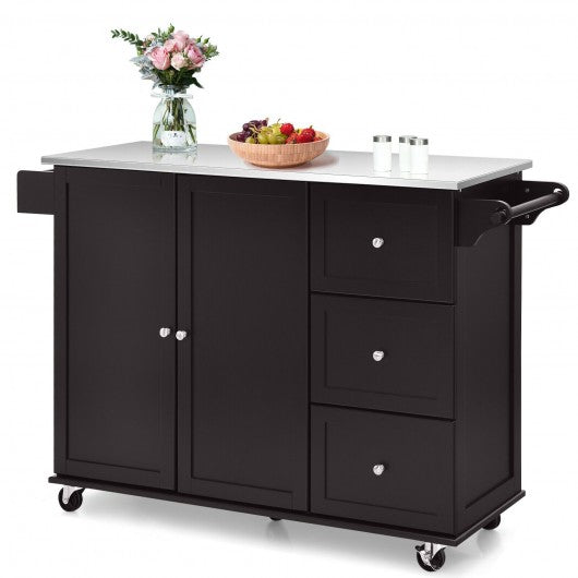 Kitchen Island 2-Door Storage Cabinet with Drawers and Stainless Steel Top-Deep Brown