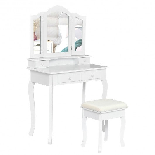 4 Drawers Mirrored Jewelry Wood Vanity Dressing Table w/ Stool-White