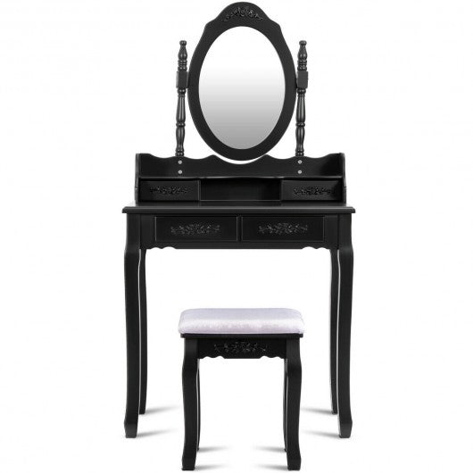 Vanity Table Set with Oval Mirror and 4 Drawers-Black