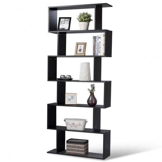 6-Tier S-Shaped Bookcase Z-Shelf Style Storage Bookshelf-Black
