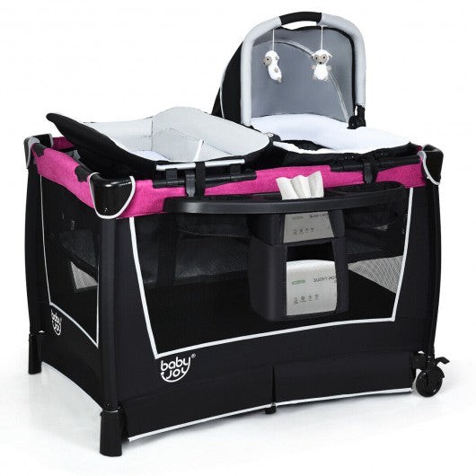 4 in 1 Convertible Portable Baby Playard w/ Toys & Music Center-Rose
