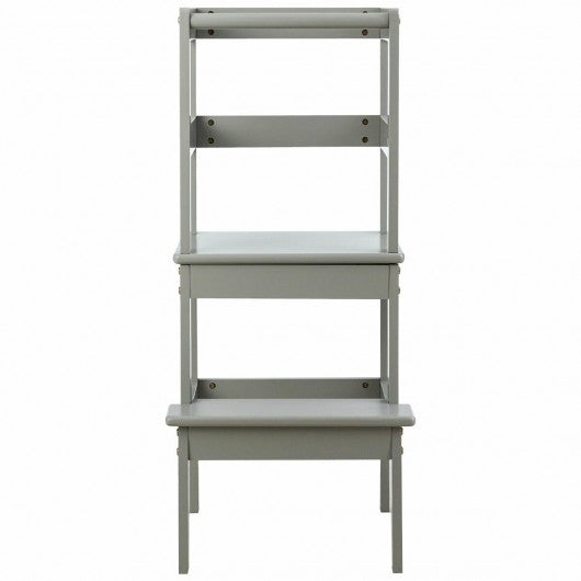 Wooden Kids Kitchen Learning Toddler Tower w/ Safety Rail-Gray
