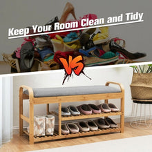 Load image into Gallery viewer, 3-Tier Bamboo Shoe Rack Bench with Cushion-Natural
