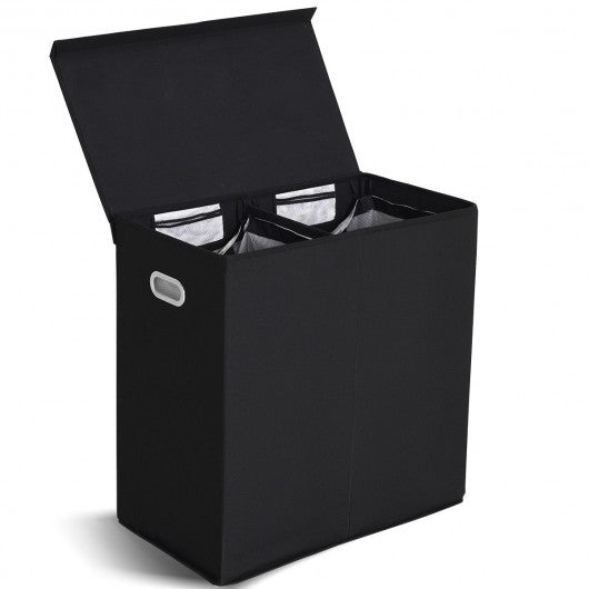 Double Laundry Hamper Storage Collapsible Basket Cothes Organizer-Black