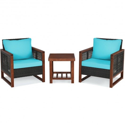 3 pcs Patio Wicker Furniture Sofa Set with Wooden Frame and Cushion-Turquoise