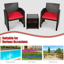 Load image into Gallery viewer, 3 Pieces PE Rattan Wicker Furniture Set with Cushion Sofa Coffee Table for Garden-Red
