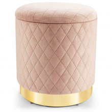 Load image into Gallery viewer, Round Storage Ottoman with Exquisite Pattern and Golden Metal Base for Bedroom
