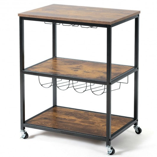 3-Tier Metal Frame Rolling Kitchen Island Trolley Cart-Coffee