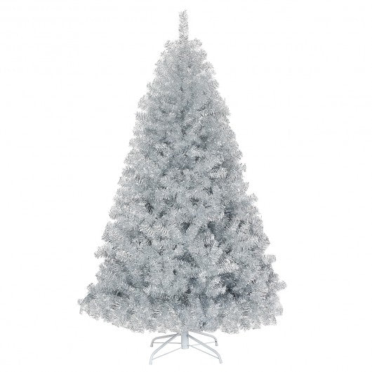 6ft Hinged Unlit Artificial Silver Tinsel Christmas Tree Holiday w/ Metal Stand
