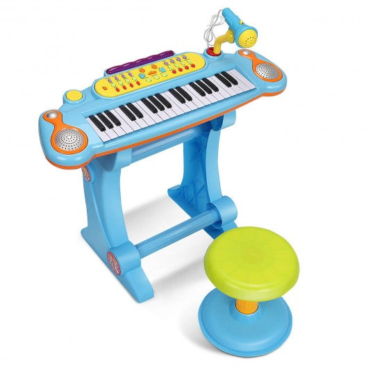 Kids Electronic 37 Key Toy Piano w/ Microphone & Stool-Pink