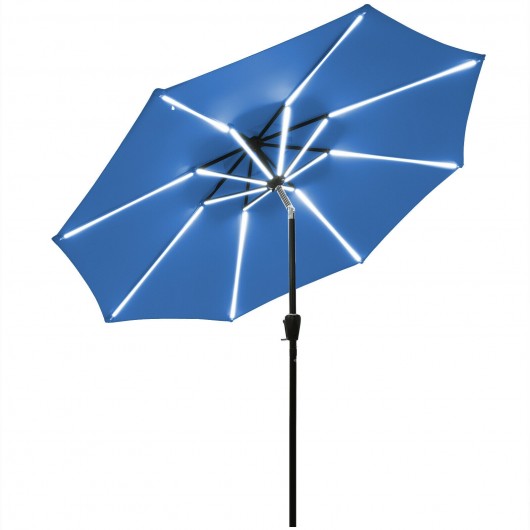 9Ft Solar LED Market Umbrella with Aluminum Crank Tilt 16 Strip Lights-Blue