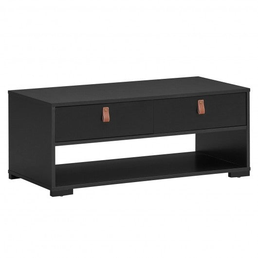 Wood Cocktail Coffee Table with 2 Drawers and Open Storage Shelf-Black