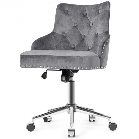 Tufted Upholstered Swivel Computer Desk Chair with Nailed Tri-Gray